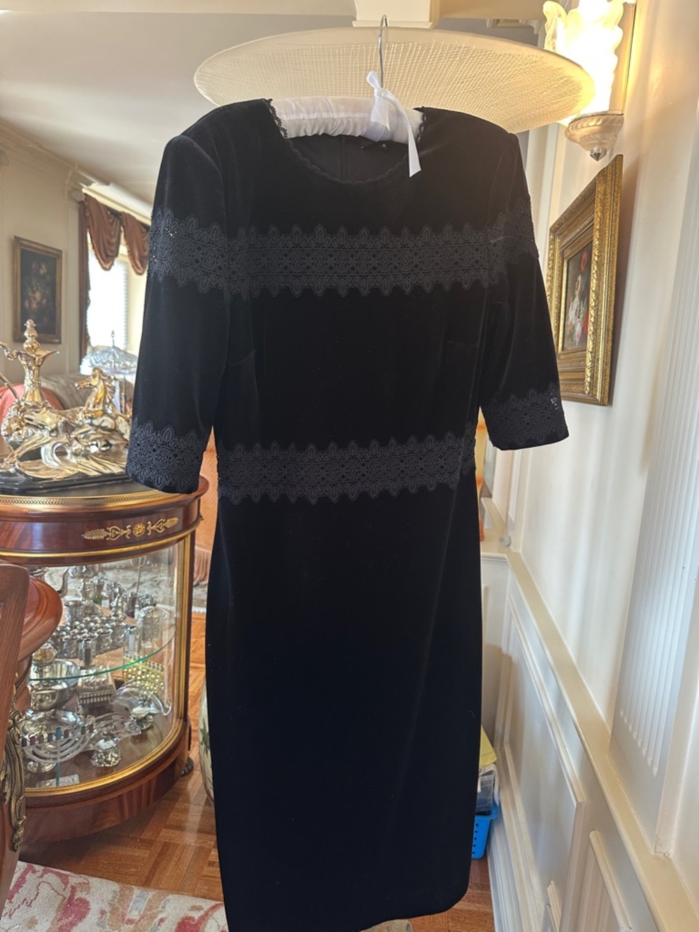 Badgley Mischka Black Velvet Midi Dress with Lace Bands